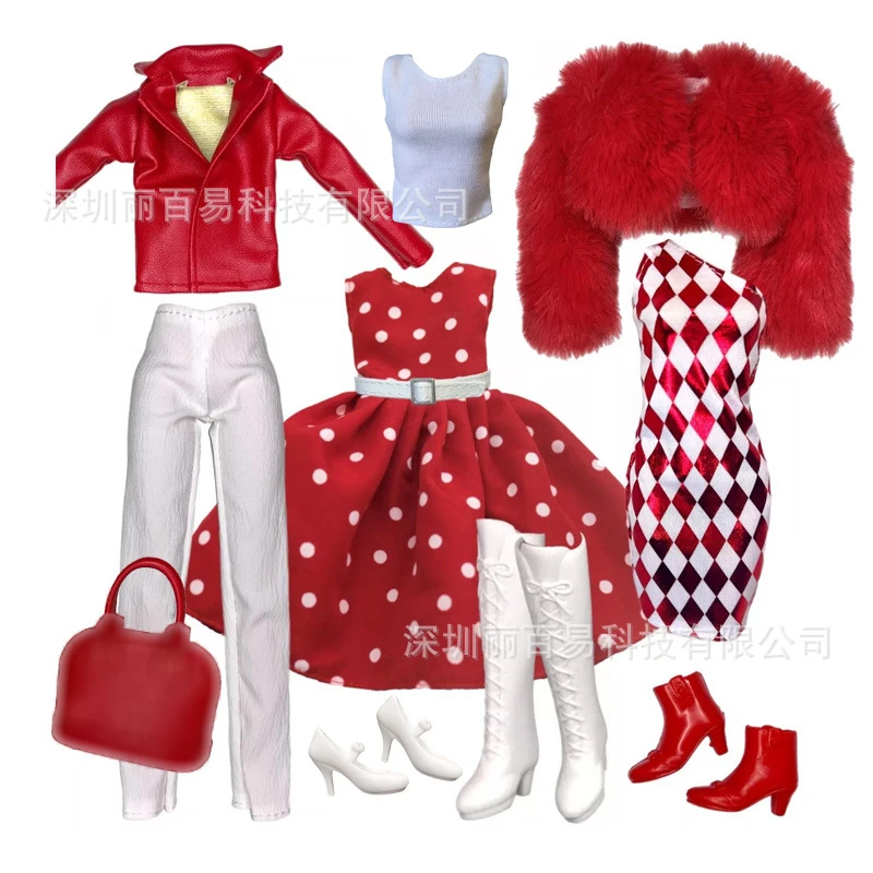

Fashion Elegant Red Series Leather Jacket+Trousers+Polka-dot Skirt+Shoes+Handbag Set For 1/6 FR Babi Xianxian Supermodel Doll