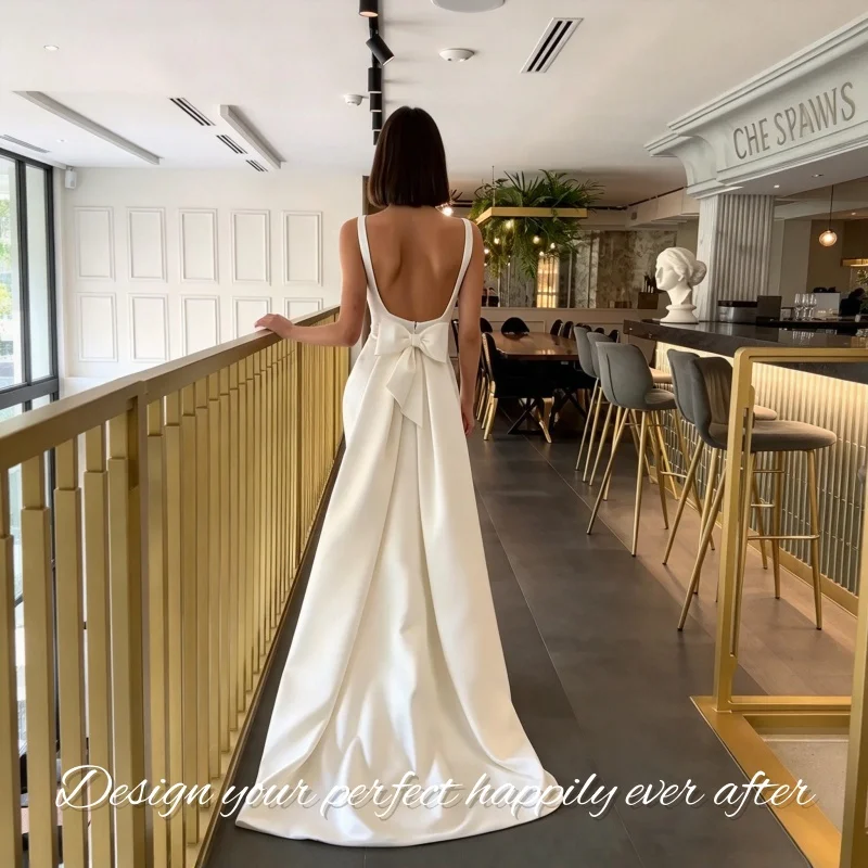 Simple Satin Bridal Gown Boat Neck Sleeveless Mermaid Backless Bow Wedding Dress Vestidos De Novia Customized