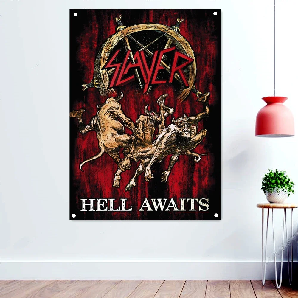 HELL AWAITS Death Metal Flags Wall Hanging Music Dark Art Tattoos Artwork Posters scary Bloody Drawing Rock Band Logo Banners