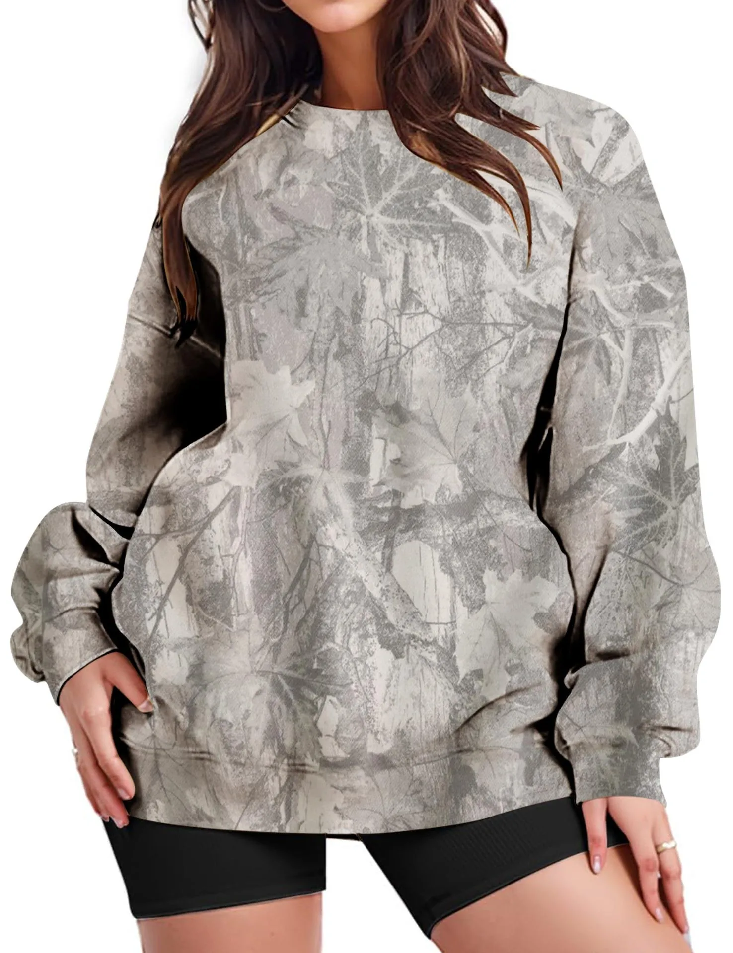 Printed Loose Fit Hoodie with Plant Floral Pattern Mid Length Streetwear No Hood Casual Long Sleeve Pullover Women Hoodie