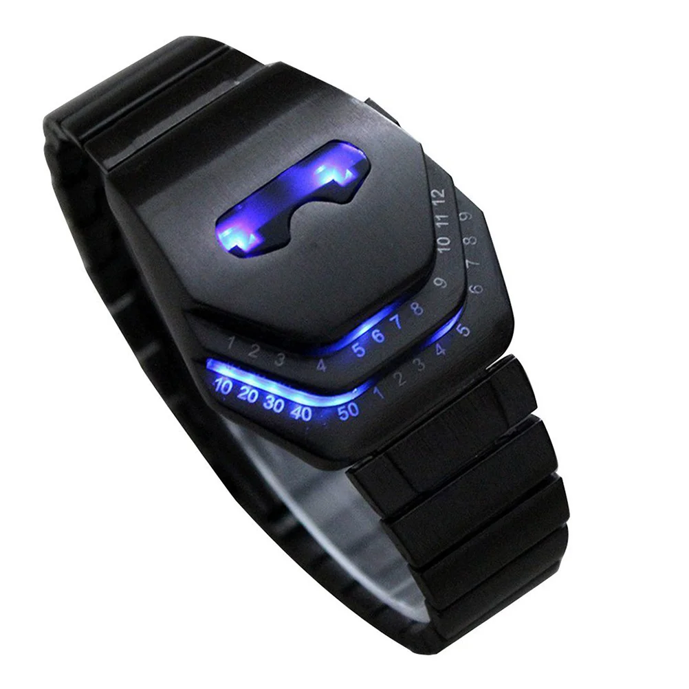 

Fashion Cool Men's Blue LED Display Watch Stainless Steel Snake Head Band Precise Quartz Movement Daily Waterproof LED Screen