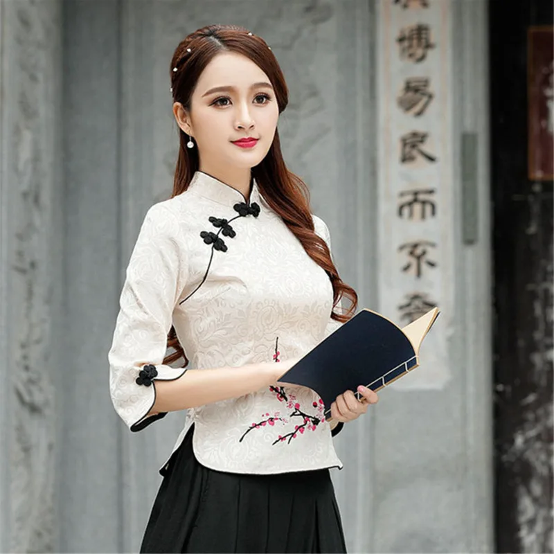 S-5XL Borduurwerk Cheongsam Top Vrouwen Slanke Elegante Traditionele Chinese Kleding China Shirts Vintage Tang Pak Blouse Etnische Stijl