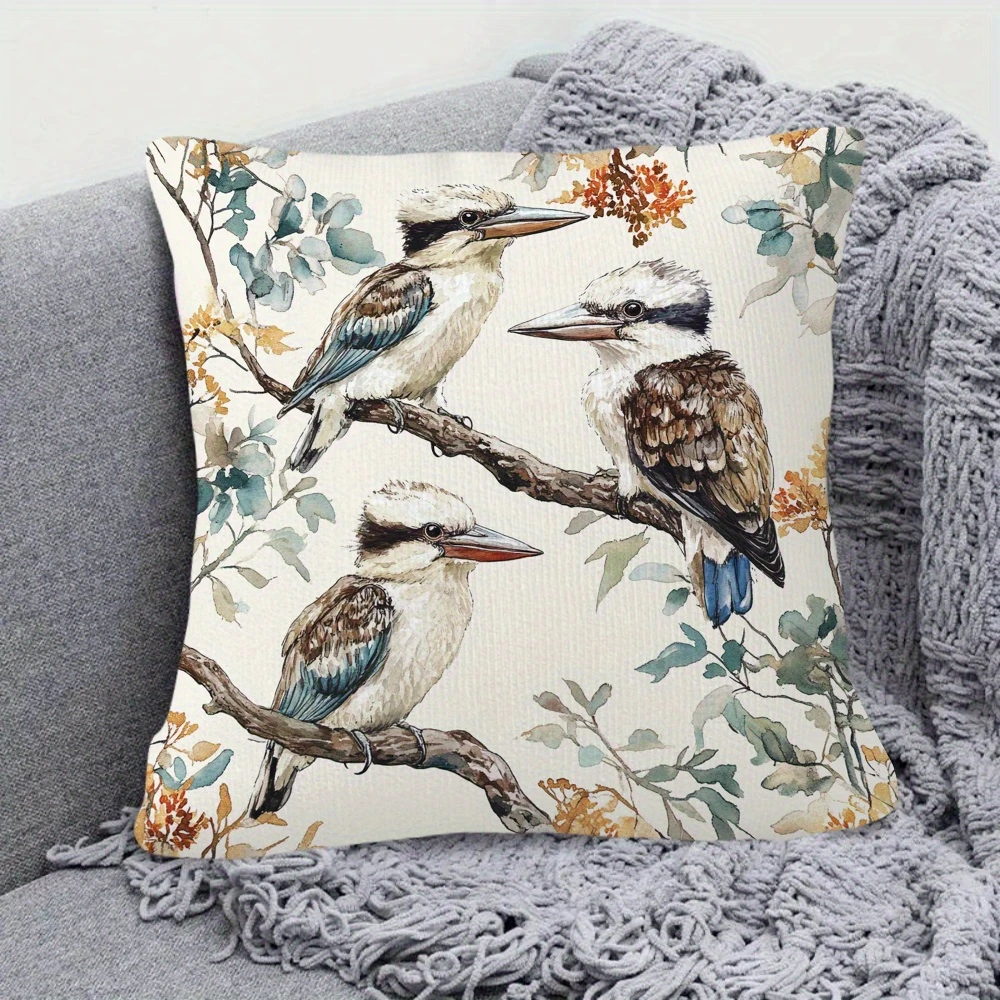 1pc Bohemian Nature Living Room Pillow Cover, Polyester 2D Double-Sided Print Cushion, Australian Kookaburra Floral Throw Pillow