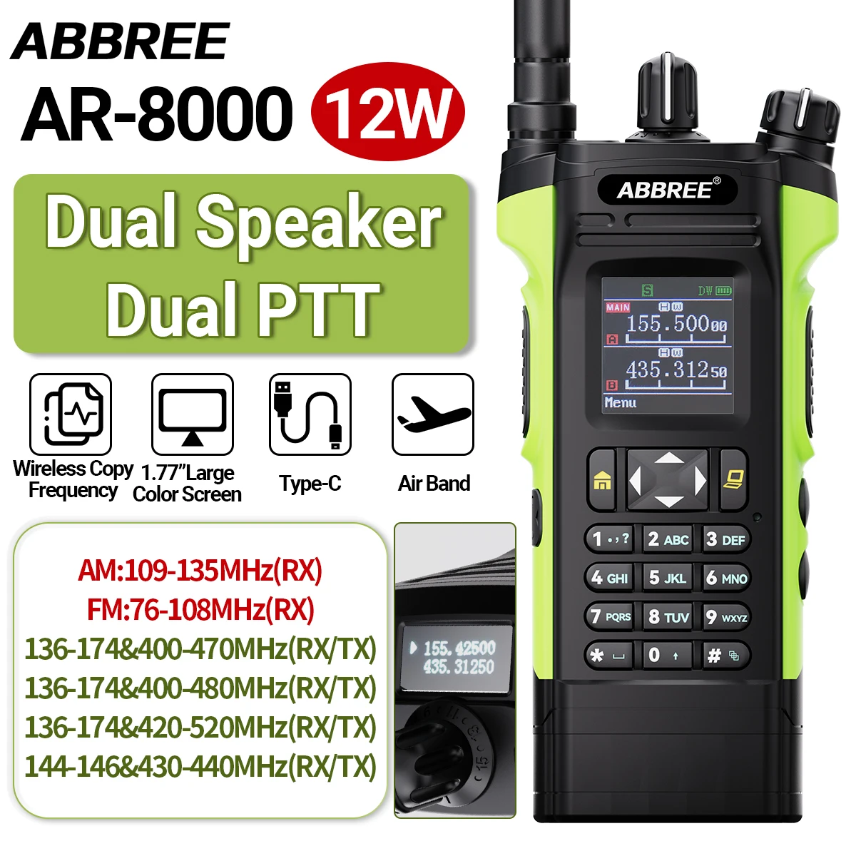 ABBREE AR-8000 Air Band Walkie Talkie 12W Multi Band Dual PTT Dual Display Wireless Copy Frequency Type-c Long Range Ham Radio