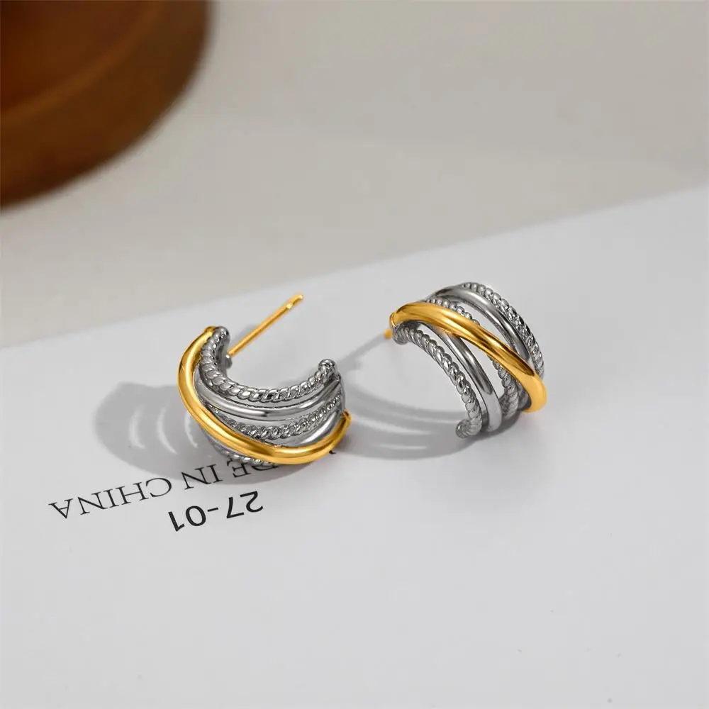 Retro Multilayer Twisted Metal Wires Interwoven Wide C-shape Hoop Earrings Gold&silver Mix Color Small Ear Huggie Charm Jewelry