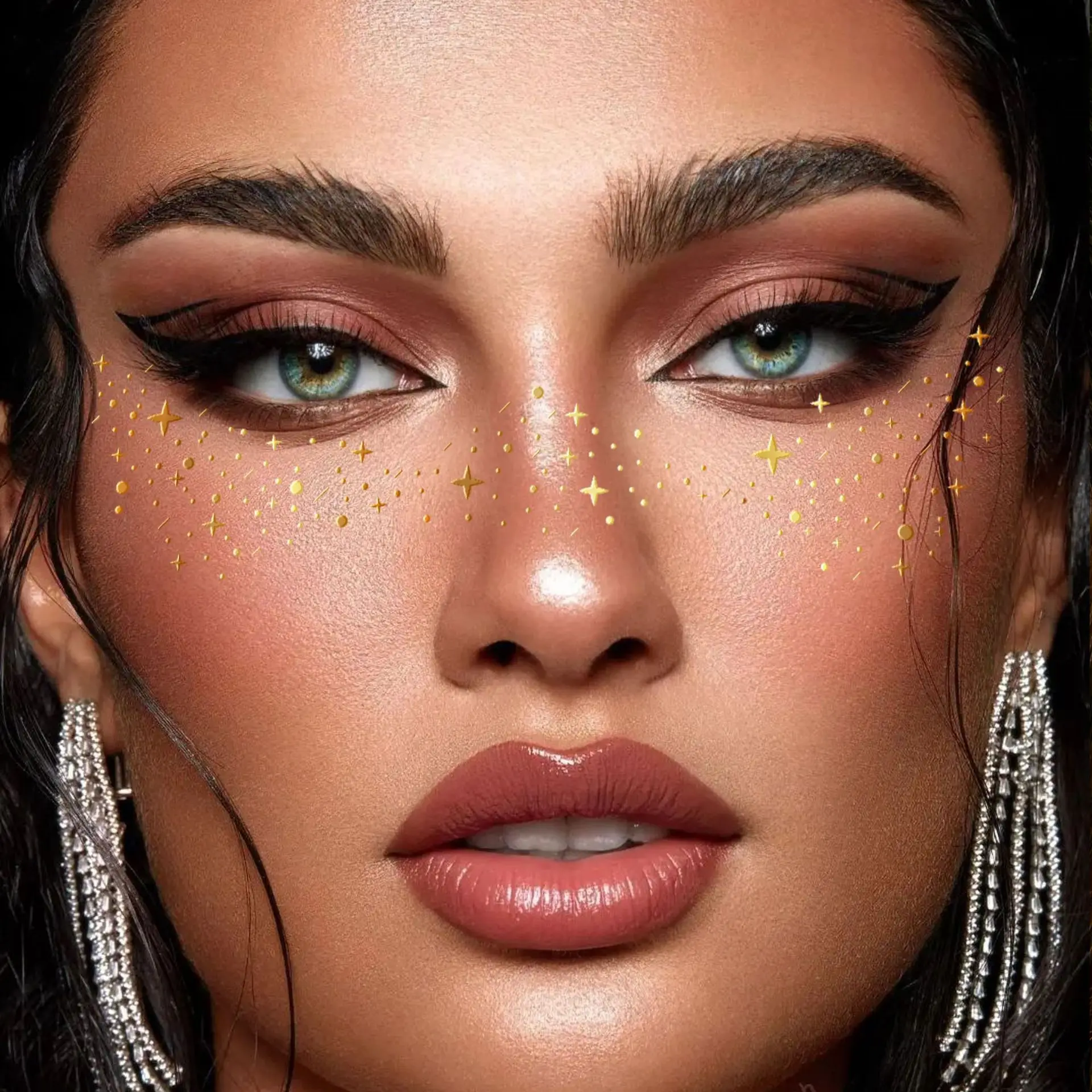 8 Pcs Gold Foil Freckle Face Tattoos Temporary Metallic Makeup Stickers for Masquerade Ball Stage Performance Western Chic