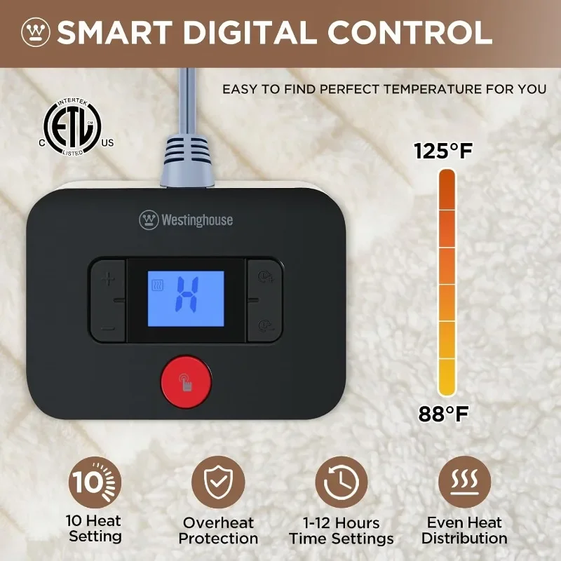 Electric Blanket, Artificial Fur Heating Blanket, 10 Heating Levels and 1-12 Hours Automatic Off, Machine Wash