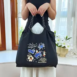 Kawaii Ball Chain Eco-Friendly Bag Embroidered Nylon Anime Cute Black Constellation Large Capacity Shopping Bag Women Handbag