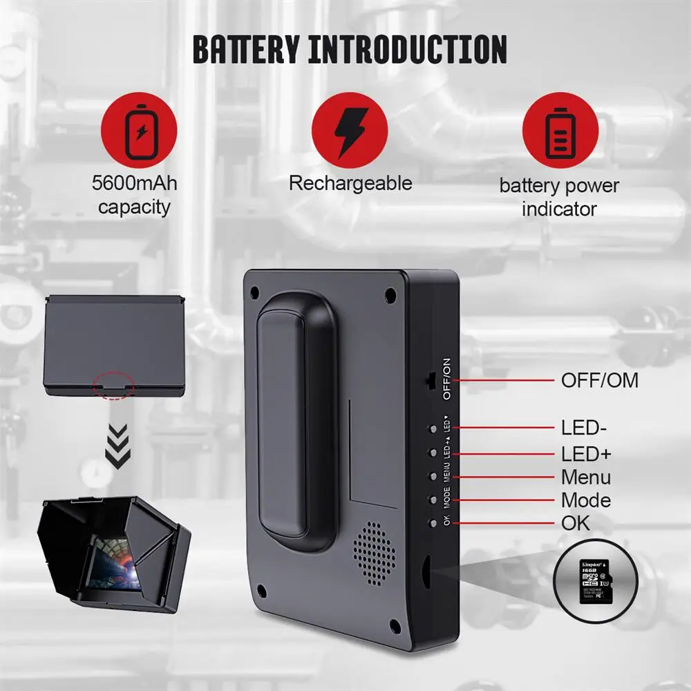 كاميرا المنظار المجاري 4.3 بوصة مع DVR، كاميرا فحص الأنابيب 17/22 مم HD 1000TVL كاميرا استنزاف مقاومة للماء مع بطاقة 16 جيجابايت