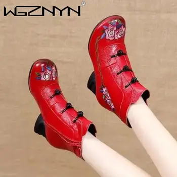 秋季花卉圖案小姐踝靴 真皮女靴 復古手工舒適鞋 設計師高跟鞋 Botas Mujer 8 最佳銷售 花卉靴 - №6