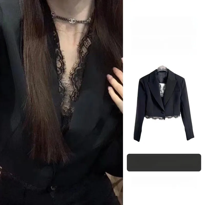 Slim Fit Black Lace Patchwork Shoulder Pad Women's Small Suit Jacket Short Style Polyester Fiber Fashionable Elegant