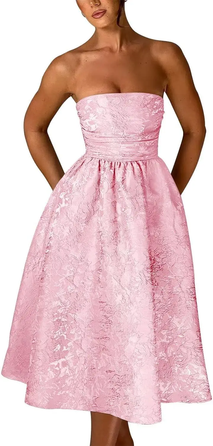 

Жаккардовое атласное платье для выпускного вечера с цветочным принтом для женщин, без бретелек, чайной длины, торжественное вечернее платье, платье для выпускного вечера, женское элегантное платье