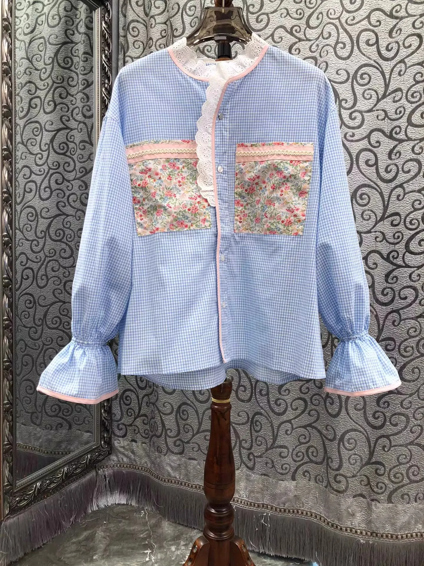 

100%Cotton Shirts 2026 Spring Designer Fashion Women Colorful Floral Print Patchwork Long Sleeve Casual Blue Plaid Shirts Blouse