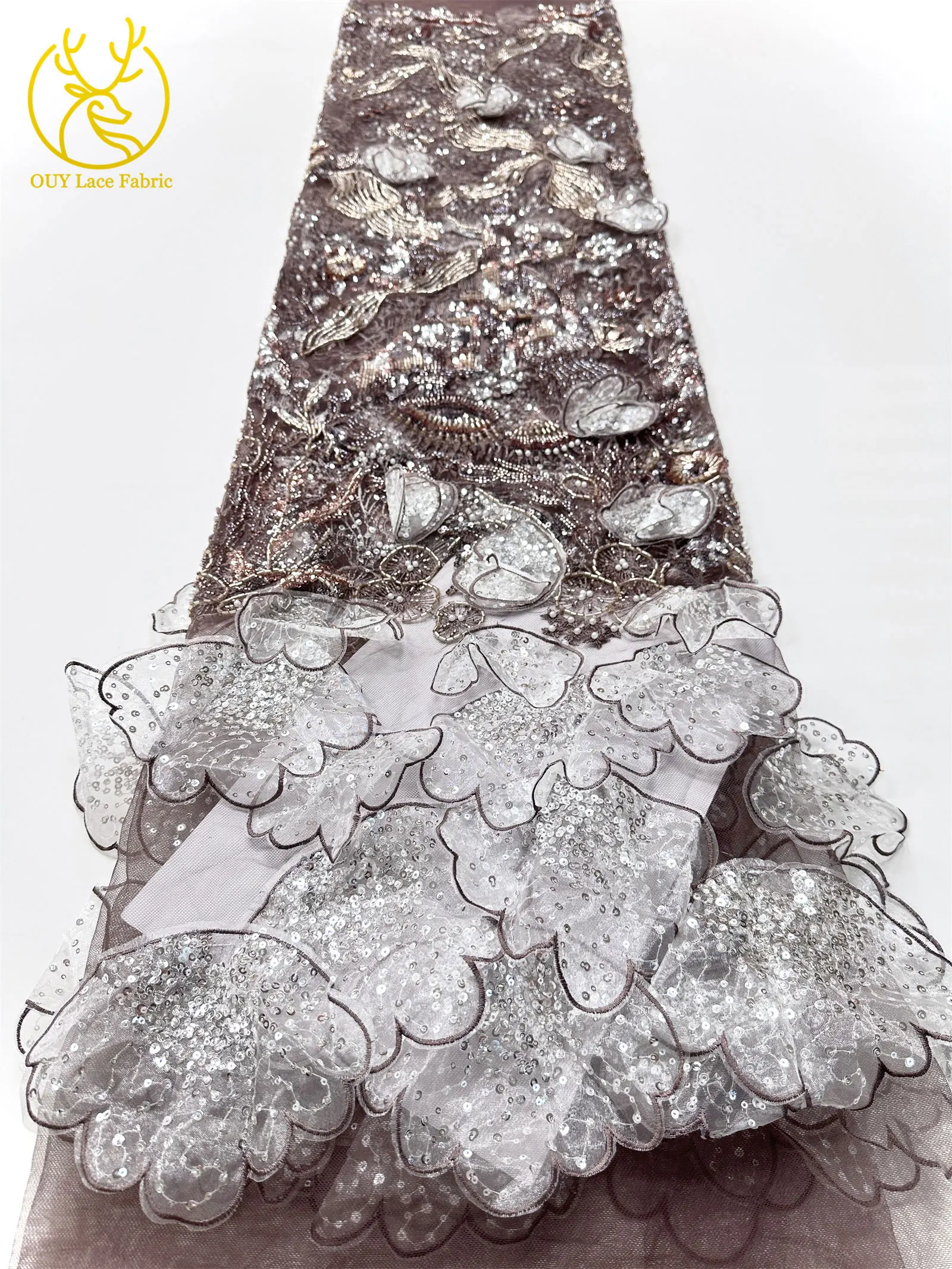 Luxus Schwarz 3D Schmetterling Blumen Stickerei Kleid Spitze Stoff Afrikanische Gold Perlen Pailletten Tüll Spitze Stoff Party Kleider – Detail 17