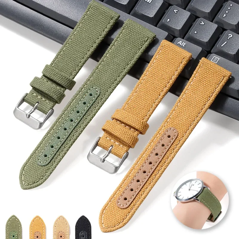 20mm Nylon Leather Watch Band High Quality Canvas Soft Strap Military Sport Bracelet for Seiko Quick Release Universal Wristband