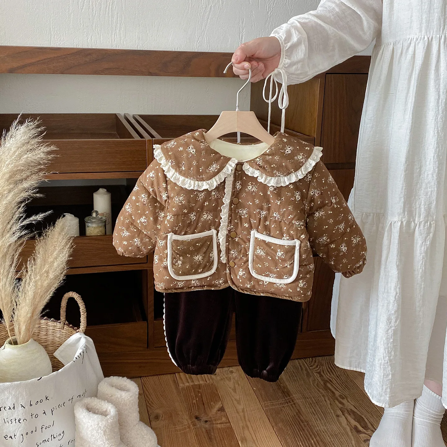 

Children Kid Girl Clothes Set Winter New Peter Pan Collar Thick Toddler Girls Parka Solid Infant Girls Shirt Lace Mid Waist Pant