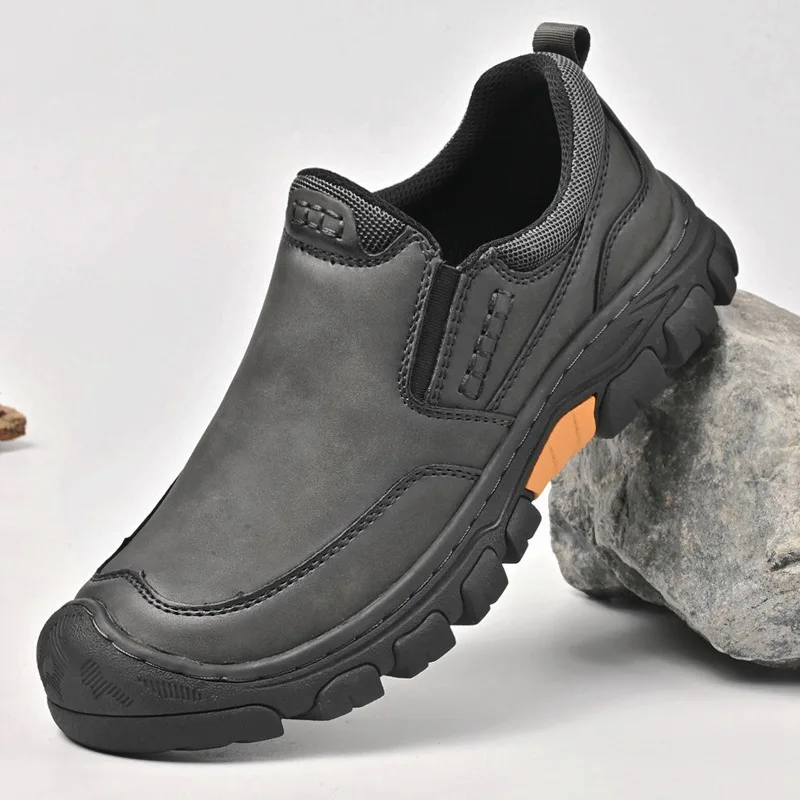 Men PU Rubber Thick Sole Outdoor Walking Shoes New Hand Stitched Man Hiking Footwear Wear-resistant Non-slip Casual Leather Shoe
