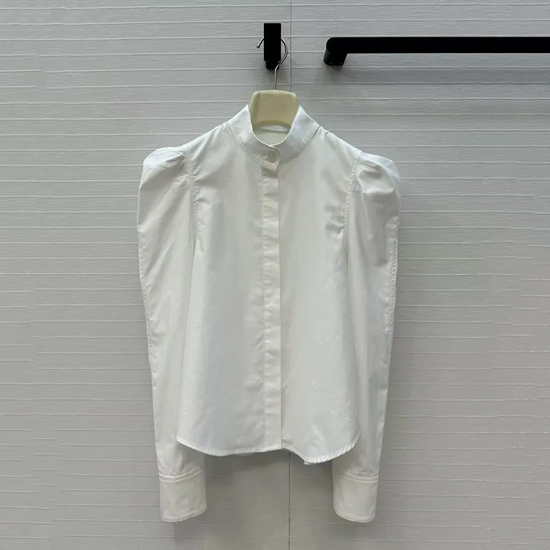 

Women's stand-up collar shirt, fashionable and casual long-sleeved top, high-quality pure cotton shirt, autumn, new style, 2025,