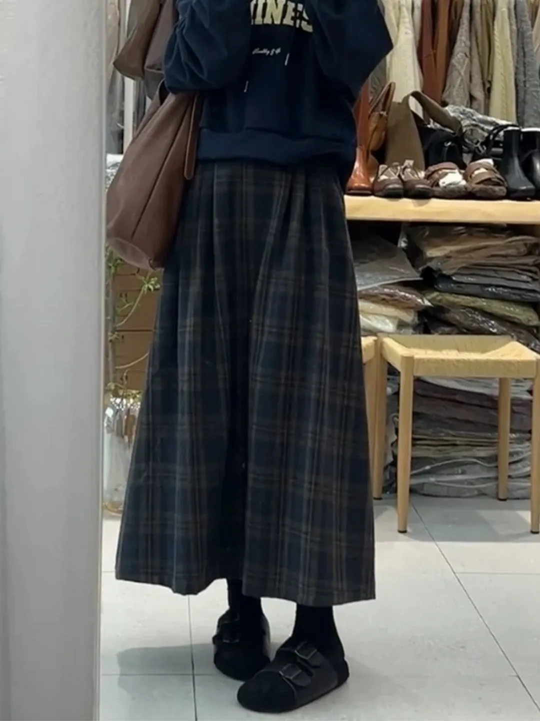 

Retro Plaid Woolen Skirt Women's Autumn Winter High Waist Small Size Midi A-Line Skirt Faionable Busin Casual
