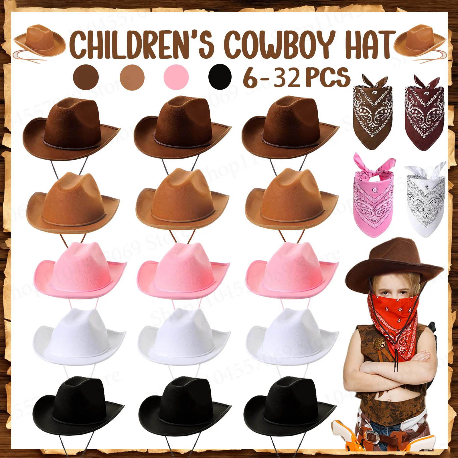 Juego de 6-32 Sombreros de Vaquero del Oeste para Niños con Pañuelos, Sombreros de Fiesta de Vaquero para Fiestas de Cumpleaños, Disfraces de Cosplay, Fiestas del Oeste