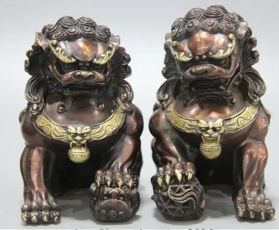 15cm  China Royal Old Bronze Copper Fengshui Fu Foo Dog Lion Guardian Door Statue Pair