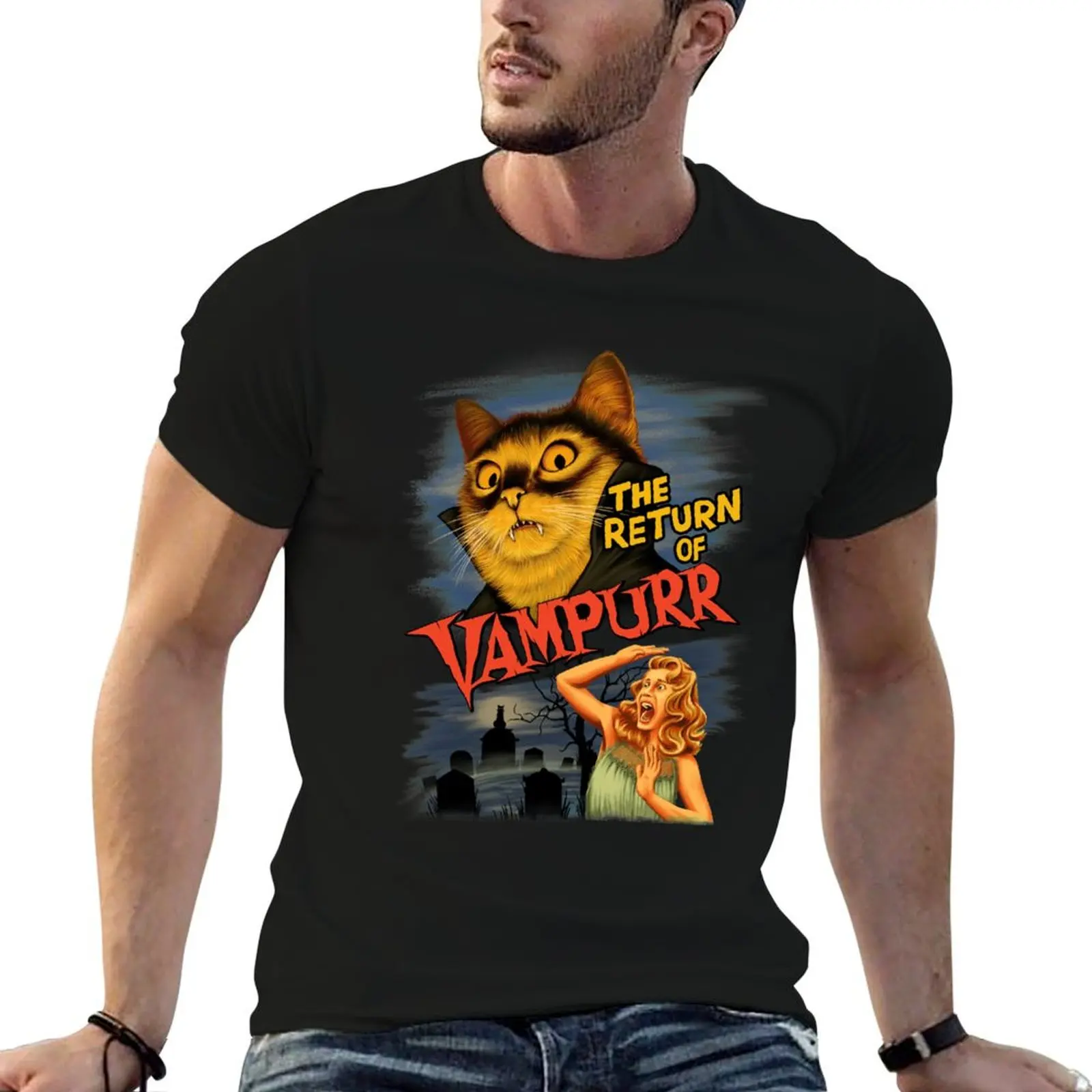 Men's T-Shirt The Return of Vampurr Vampire Cat Funny Horror Movie Graphic T Shirt Vintage Gothic Short Sleeve Casual Cotton Tee