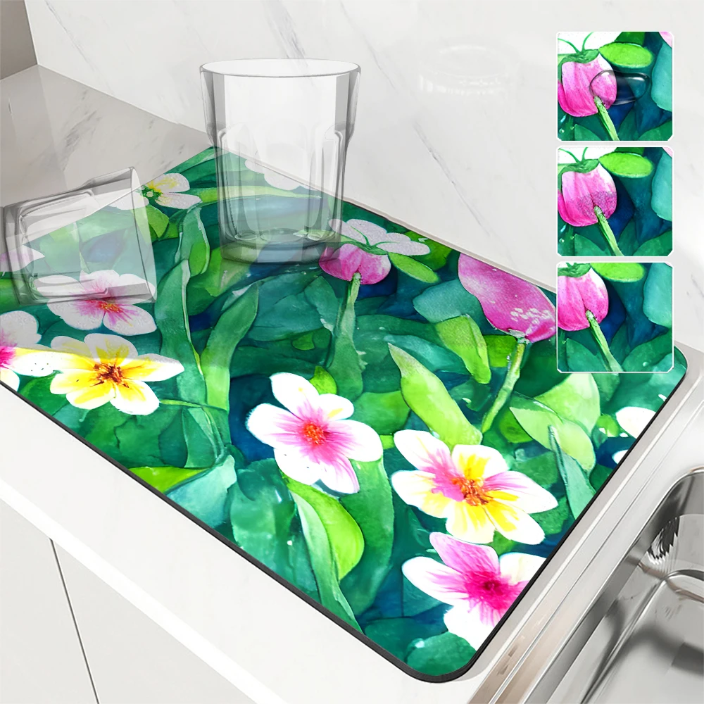 

Antiskid Kitchen Absorbent Draining Mat Flowers Super Absorbent Draining Coffee Dish Drying Mat Quick Dry Bathroom Drain Pad