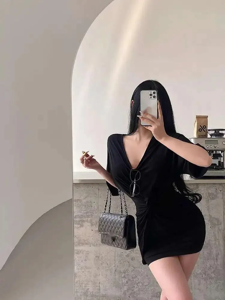 퓨어 디자이어 섹시 브이넥 트위스트 주름 허리 팩 힙 드레스 우아한 짧은 치마 브이넥 티셔츠 드레스 ZP61