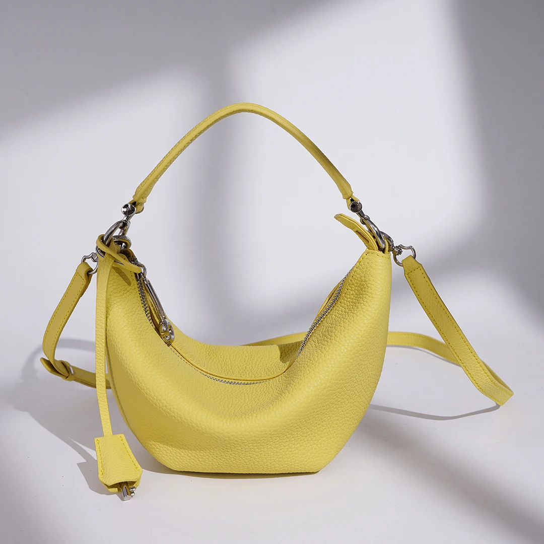 Mendy Genuine Leather Moon Bag Women Litchi Grain Single Handle Detachable Strap Side Zipper Minimalist Luxury Designer Original