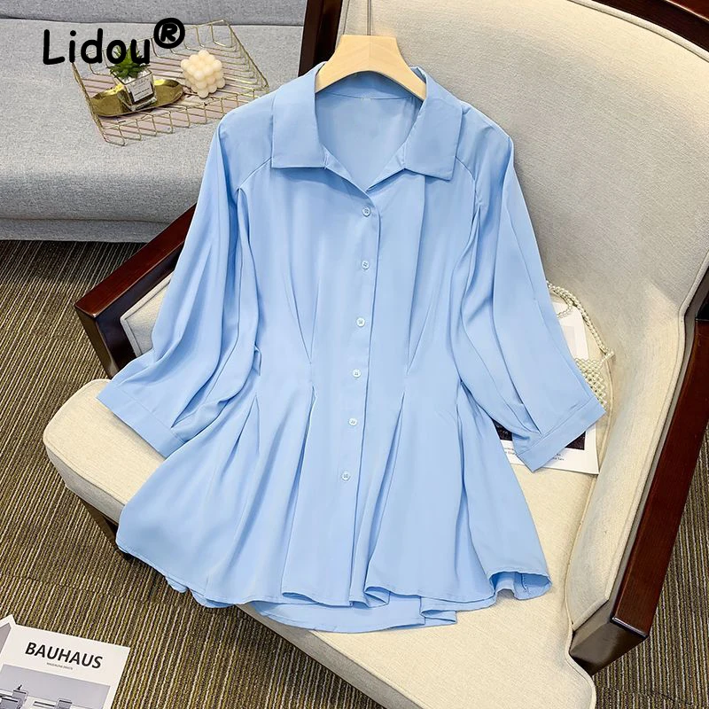 Womens Clothing Ruffle Elegant Business Casual Office Lady Button Up Shirt Simple Solid Blouse Tunic Tops Blusas Mujer Moda 2023