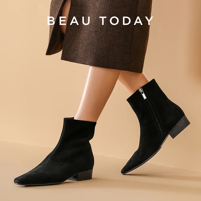 BEAUTODAY Ankle Boots Women Genuine Suede Leather Pointed Toe Vintage Boots Solid Color Ladies Shoes Handmade 03758
