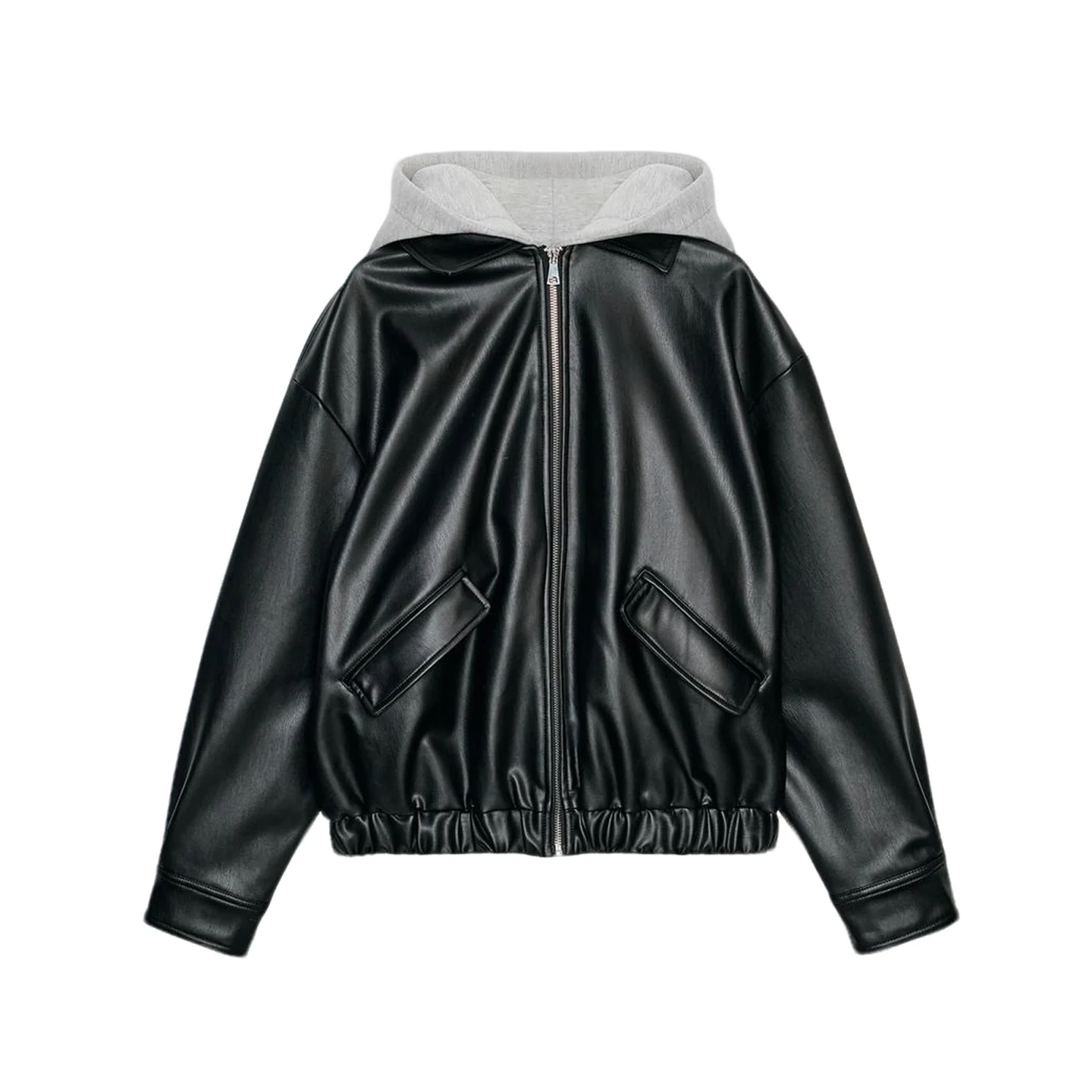 

Autumn Winter Women's Faux Leather Jaet Coat with Hat Splicing Design Stand Version Long Sve Zipper Closure Plaid Pat...