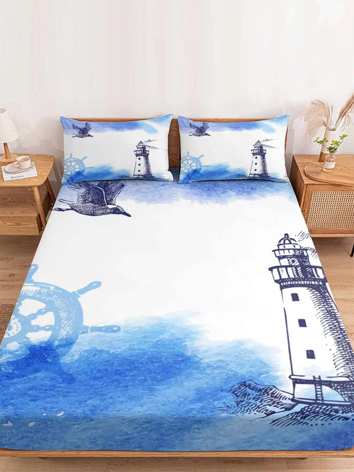 Blue Lighthouse Ocean Sketch Queen Size Bed Mattress Fitted sheet Elastic Rubber Band Non-slip Bed Sheet Pillowcase Set