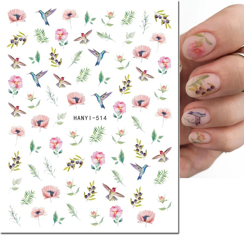 Nail Decals Summer Fruit Bird Pink Flowers Leafs Back Glue Nail Stickers For Nail Tips Beauty