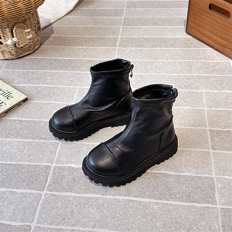 بسيطة الأطفال منصة أحذية قصيرة موضة جديدة الفتيات الأحذية الجلدية الكلاسيكية المدرسة عودة زيبر الاطفال حذاء من الجلد الأسود غير رسمي