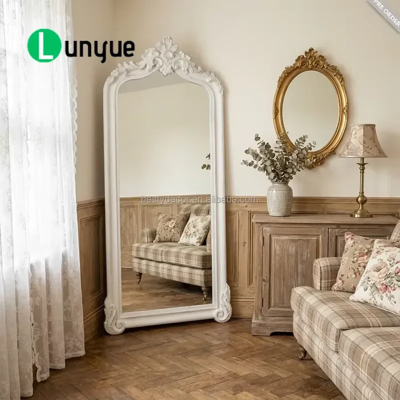 Custom ODM Deluxe European French Arched Full Body Dressing Mirror Decorative PU Frame Resin Antique Baroque Style Floor
