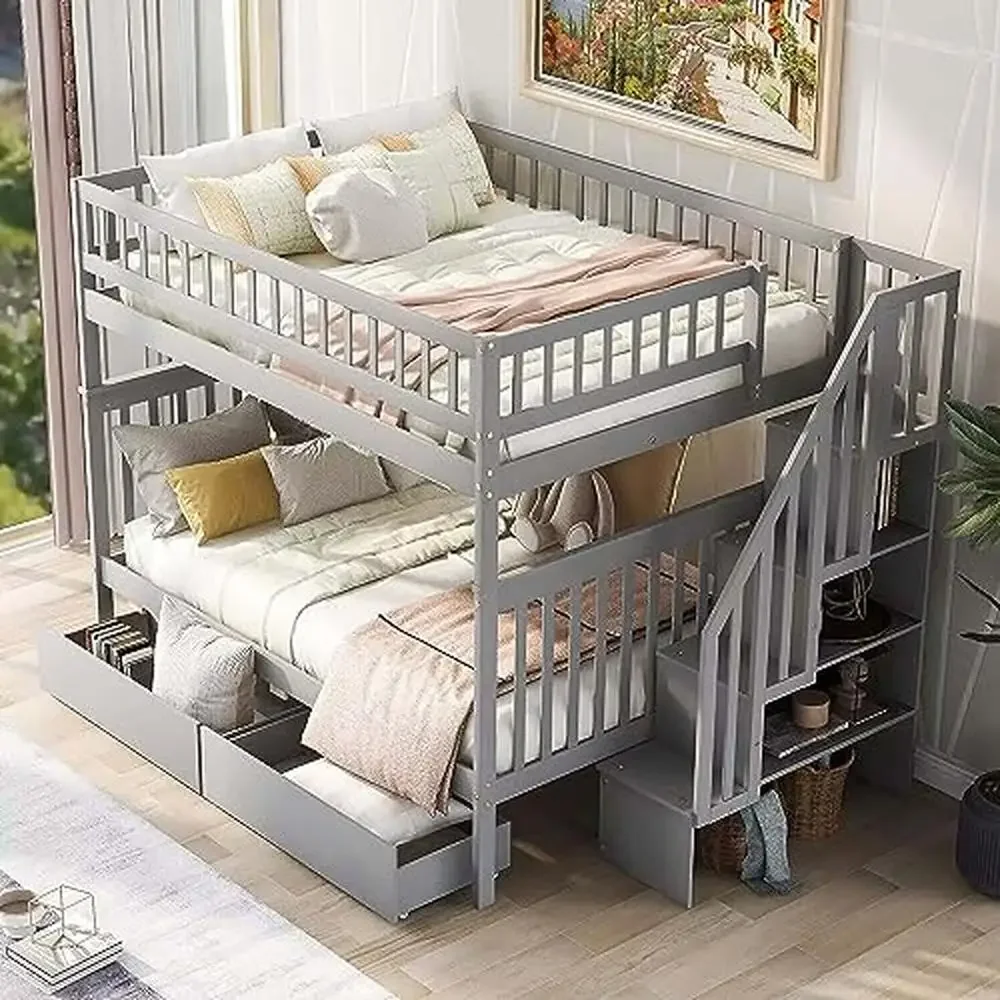 Solid Wood Full Over Full Bunk Bed with Stairway and Storage Drawers Gray 250lbs Weight Capacity