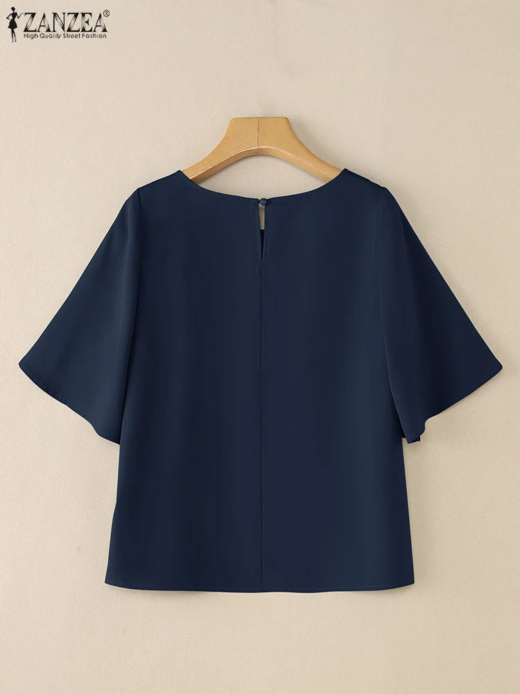 เสื้อผู้หญิงลำลอง ZANZEA คอทรงโอ แขนทรงกลีบดอกไม้ครึ่งแขน แต่งโบว์ สีพื้น เสื้อท่อนบน ฤดูใบไม้ร่วง 2025 เสื้อผ้าผู้หญิง 3 สี ขายส่ง