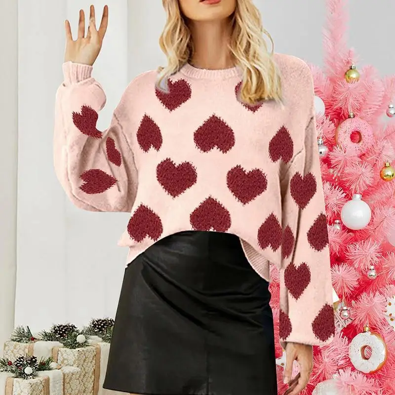 

Pink Bubble Sve Knitted Sweater Sweet Heart Pattern Overhead Sle Vntine's Day Special Cross-Border Loose Fit Sweater