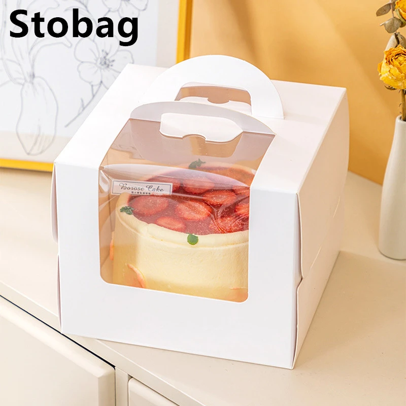 

Stobag-White Box with Transparent Portable Handle Mousse Cake Baking Birthday Party Wedding Festival Souvenir Dessert Packing 3I