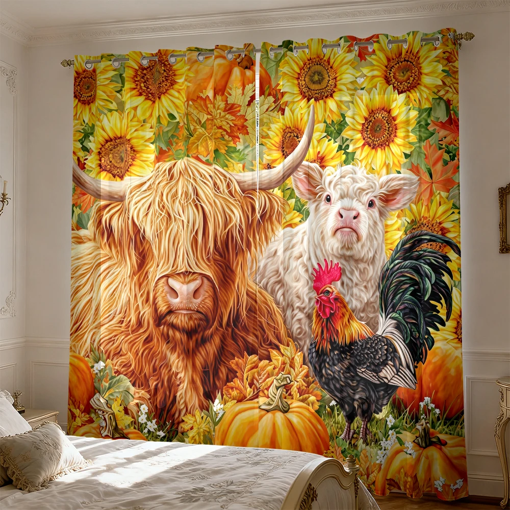 2pcs autumn farm animal sunflower pumpkin print double-sided curtains living rooms and bedrooms, perfect for blocking light