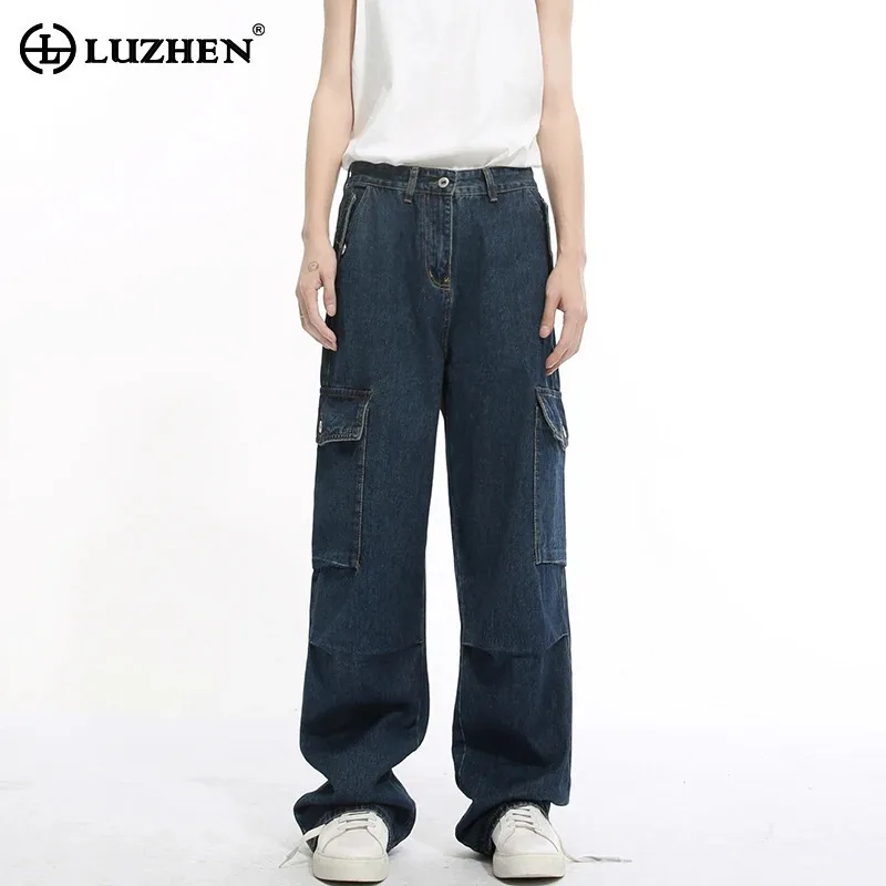 LUZHEN ストレートプリーツデニムパンツハイチューブ品質大ポケットストリートワークウェア男性アメカジジーンズワイドレッグ LZ9215