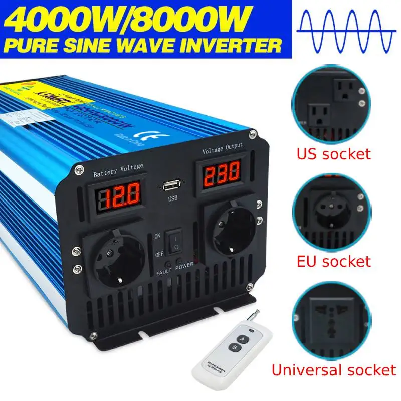 DC12V/24V do 220 AC 110V 127V falownik czysta fala sinusoidalna 4000W/8000W LED transformator napięcia EU US uniwersalny inwersor z gniazdem