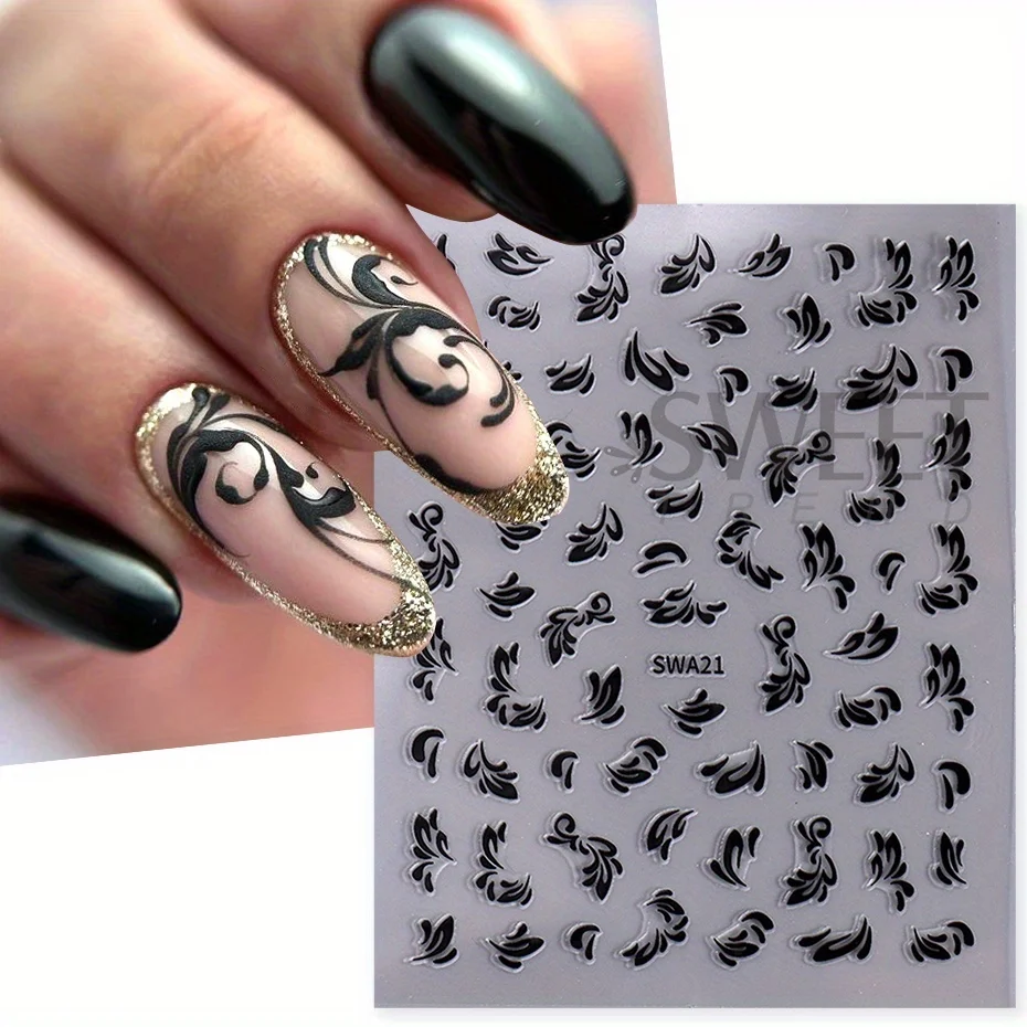 2pcs Black And White Lace Flowers Nail Sticker Painting Floral Leaves Wedding Charms Decals Grace Retro Sliders Manicure Foils