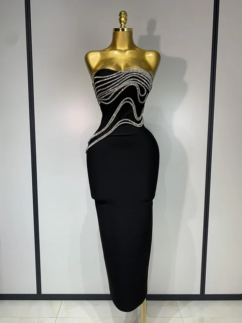 Women Sexy Strapless Diamond Lines Bodycon Bandage Long Dress Celebrity Red Carpet Dress Elegant Evening Birthday Party Dresses