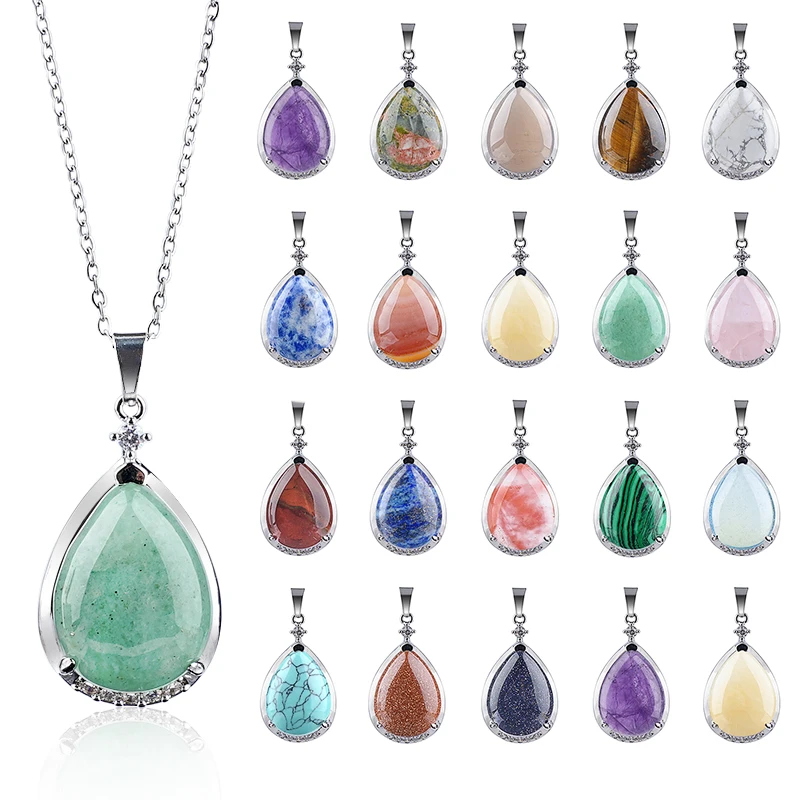 Diamond Pendant Necklace Natural Semi-Precious Amethyst Drop Shaped Pendant For Christmas Birthday Gifts Chain 50cm