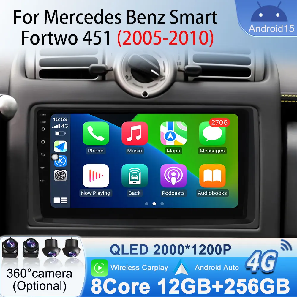 

For Mercedes Benz Smart Fortwo 451 2005-2010 Car Radio Stereo Android 15 Video GPS Auto Carplay Navigation Multimedia Player DVD