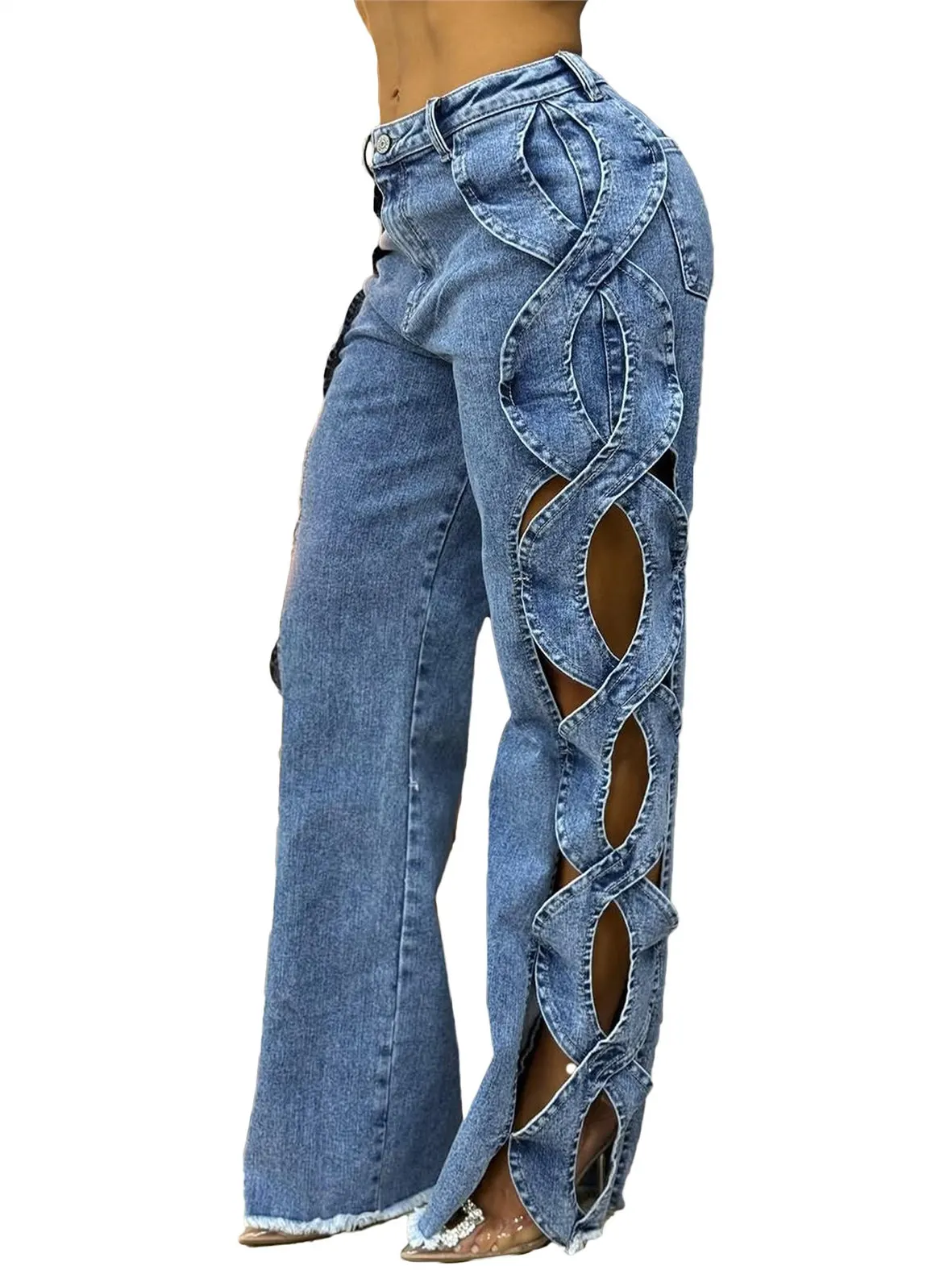 Calças Jeans Fenas Slim Fit com Recortes em Denim, Calças Longas com Recortes e Costura, Perna Reta, Micro Stretch, Moda ...