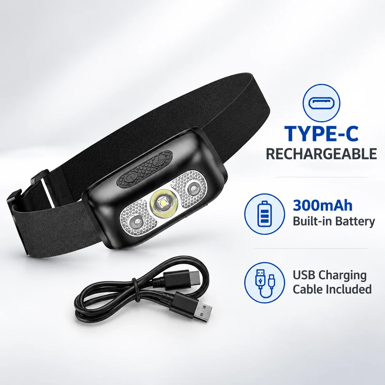HL03 Rechargeable LED Headlamp, Motion Sensor, Type-C Charging, 300mAh, Adjustable Headband for Repairs, DIY and Camping