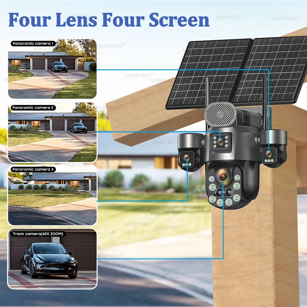 AOV 20MP 24/7 Recording Solar Camera 4G Home Outdoor 31200 MAh Surveillance 60X Optical Zoom Auto Tracking 4 Screen Security Cam
